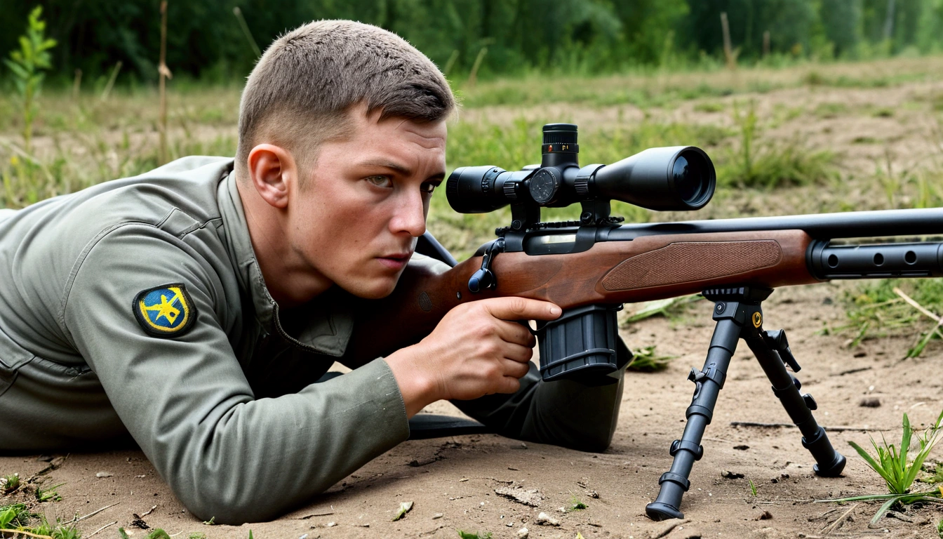 1boy, middle aged Ukrainian Sniper, he holds sniper rifle, prone, from side, wide shot, outdoor, looking in scope, cinematic angle, realistic, hyper-realistic, photorealistic, (best quality,4k,8k,highres,masterpiece:1.2),ultra-detailed,(realistic,photorealistic,photo-realistic:1.37),vivid colors,dramatic lighting,