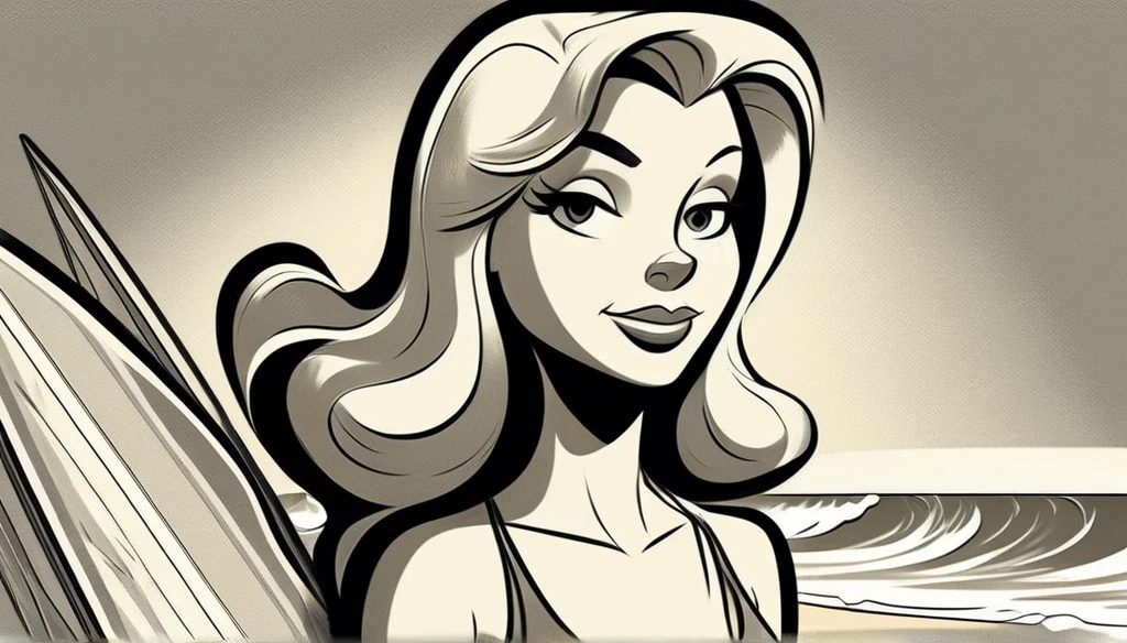 black and white vintage cartoon of a Flat colors, close up, Portrait of a 25 year old surfer girl, tan skin, beach blonde salty hair, natural beaty, beautiful, casual, pocket Tee shirt, Cleavage, (([Dark Grey Background])) 