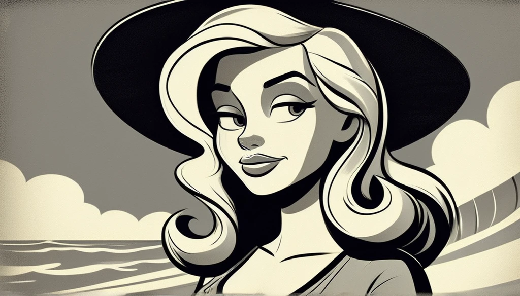 black and white vintage cartoon of a Flat colors, close up, Portrait of a 25 year old surfer girl, tan skin, beach blonde salty hair, natural beaty, beautiful, casual, pocket Tee shirt, Cleavage, (([Dark Grey Background])) 