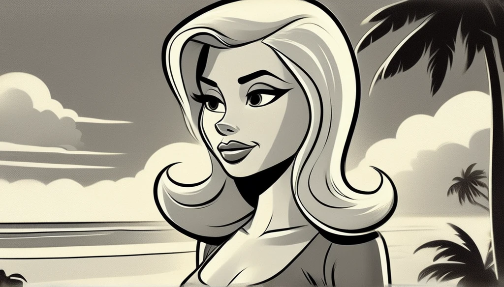 black and white vintage cartoon of a Flat colors, close up, Portrait of a 25 year old surfer girl, tan skin, beach blonde salty hair, natural beaty, beautiful, casual, pocket Tee shirt, Cleavage, (([Dark Grey Background])) 