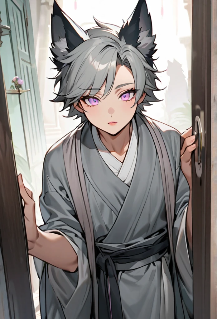 hybrid character with wolf ears, masculine and dominant, short gray hair, pink iris eyes, skin fair, gray hanbok clothes, mature appearance around with youthful features , pink lips opening a door with a curious expression