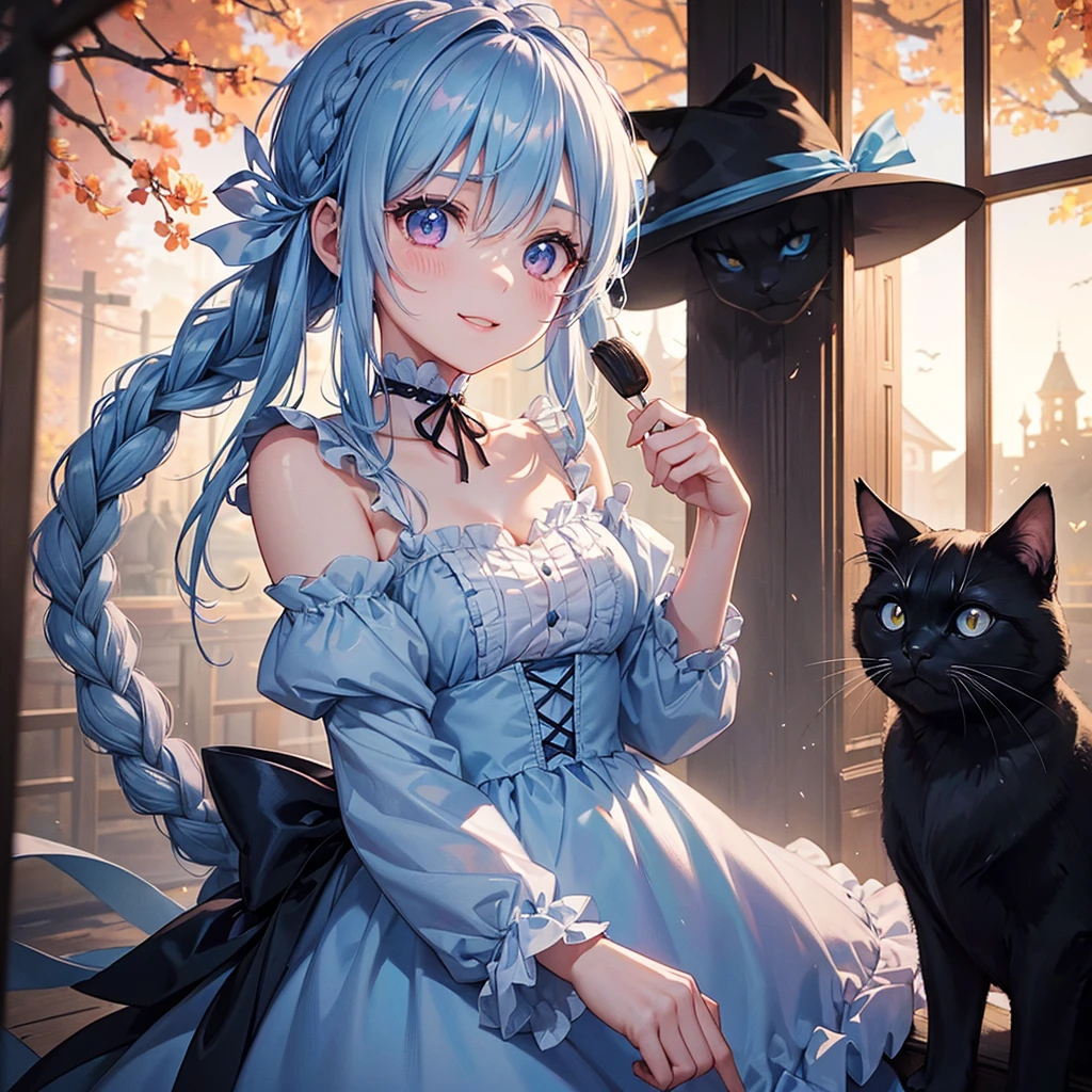 (Light blue medium hair),(Braided hair tied together)、Pink eyes、Fair skin、cowboy shot、Halloween、The background is a pumpkin ghost、Trick or Treat、A lot of sweets、Black cat、Wizard、Candy、Cosplay、A surprising smile、A dignified figure、solo、(masterpiece、Highest quality、Very detailed、Best Shadow)、(Detailed Background)、(Beautifully detailed face)、High contrast、(Best lighting、Very delicate and beautiful)、(Cinematic Light)、colorful、Hyper Detail、Dramatic Light、Exquisite detail、