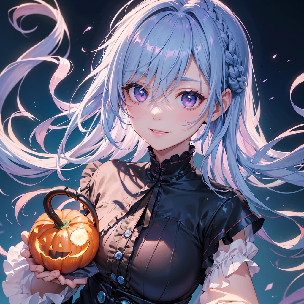 (Light blue medium hair),(Braided hair tied together)、Pink eyes、Fair skin、cowboy shot、Halloween、The background is a pumpkin ghost、Trick or Treat、A lot of sweets、Black cat、Wizard、Candy、Cosplay、A surprising smile、A dignified figure、solo、(masterpiece、Highest quality、Very detailed、Best Shadow)、(Detailed Background)、(Beautifully detailed face)、High contrast、(Best lighting、Very delicate and beautiful)、(Cinematic Light)、colorful、Hyper Detail、Dramatic Light、Exquisite detail、