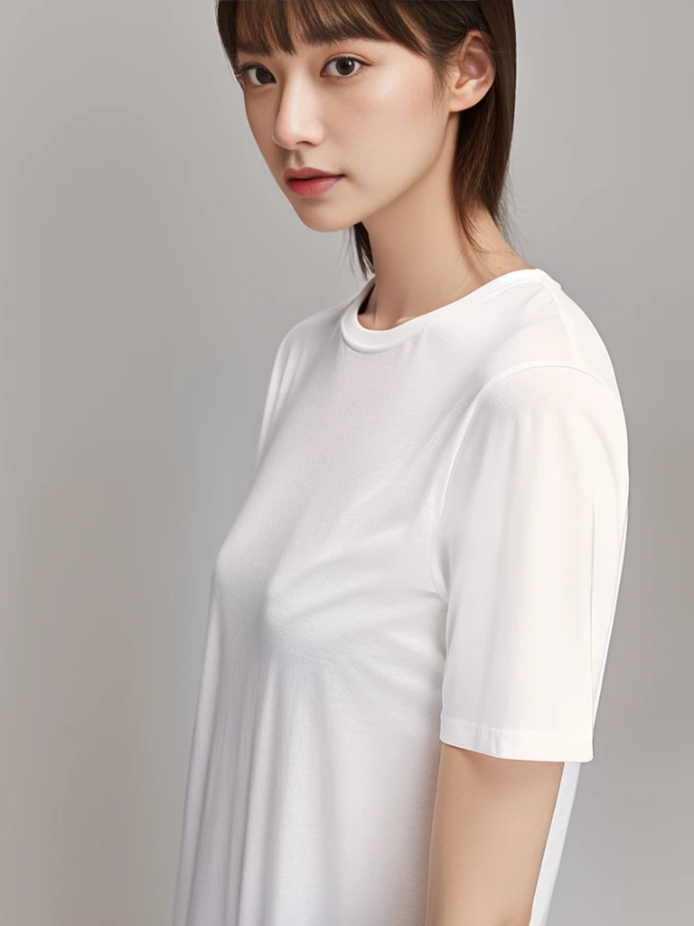 A high-quality white T-shirt with a snug fit design glossy white emphasized with studio lighting plain gray background