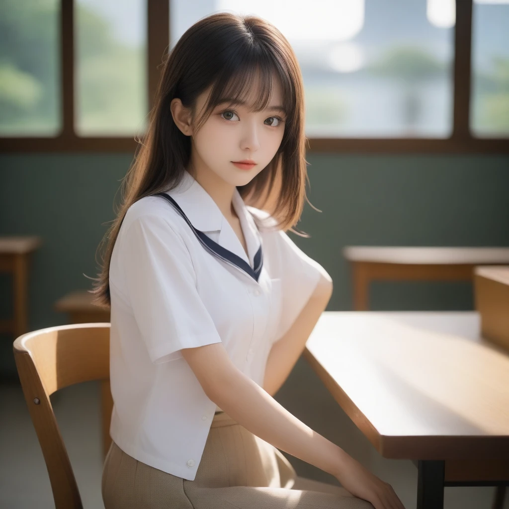 8k, Ultra-high resolution, Highest quality, masterpiece, Rule of thirds photography,Surreal, photograph, 1 girl, (16 years old:1.3), cute女の子, cute顔, Beautiful eyes in every detail, 細かくdetailedに,masterpiece,, One Girl:1.2, Japanese , whole body, (Side view:0.9), (Professional Lighting, Light on the face), 1 girl, cute, Perfect body, Show Viewer, the body is slim, (非常にdetailedな目と顔, Beautifully detailed nose, Beautiful details), (Beautiful knees, White thighs), (classroom, Wooden desk and wooden chair), ((school uniform, Short sleeve uniform white shirt)), 16 years old, (Semi-long hair, Bob Hair, Hairside lock), clear、Pure,Looking at the audience、beauty,Long neck、Laugh a little、Please close your mouth and laugh、(((Ideal body type))),A-cup small breasts :2,whole body、Perfect Anatomy、鮮明なdetailed、detailed、Surreal、Light and shadow,Strong light