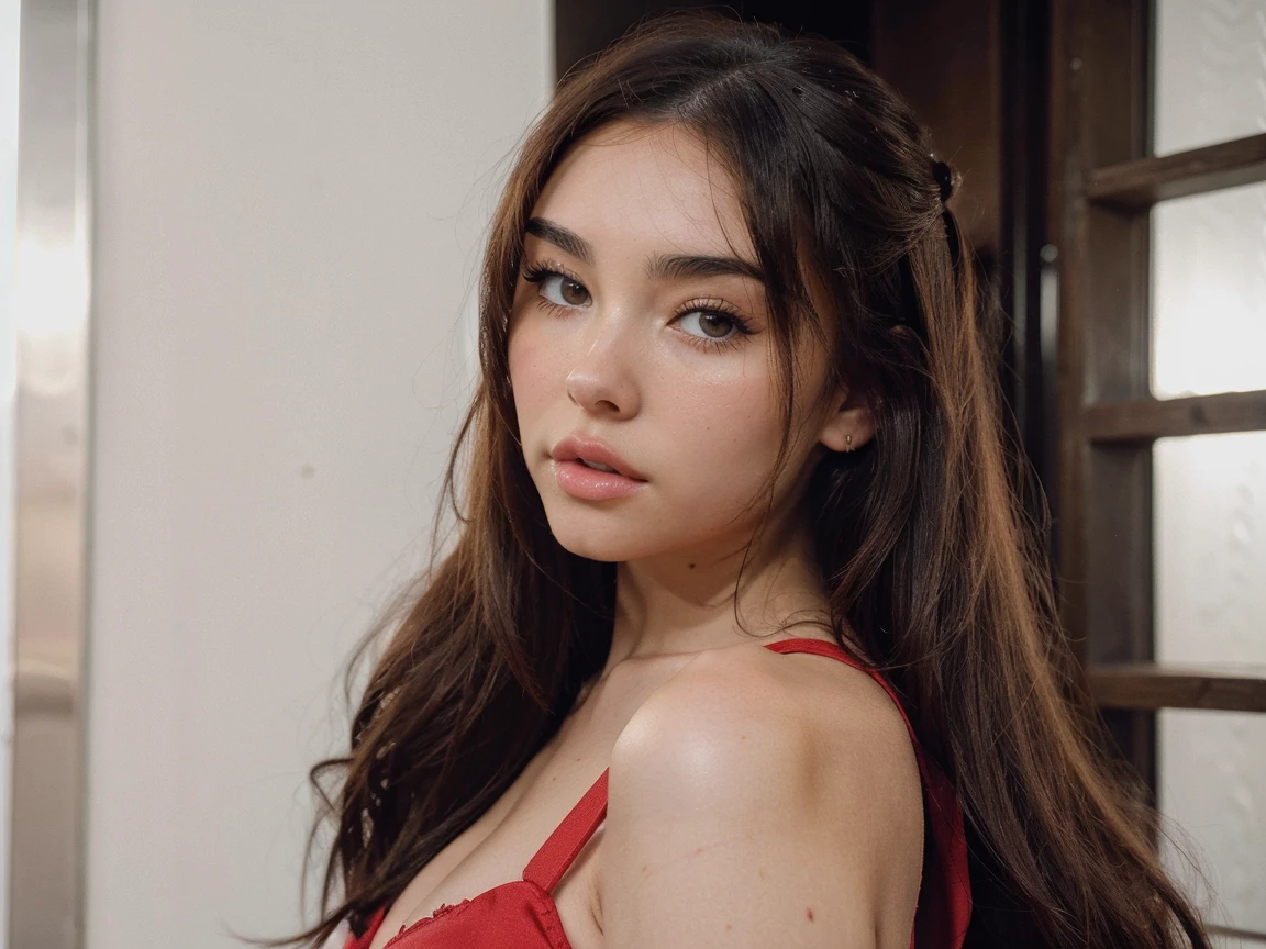 a close up of (1girl, solo, realistic) madisonbeer-smf in a red dress, (tipo de cuerpo pequeño:1.1), (petite body), multiple angles, charli xcx, ava max, bella poarch, she looks like a mix of grimes, charli bowater, sexy look, billie eilish, madison beer as leeloo, portrait of kim petras, 18 years old, the super hot and sexy, looks a blend of grimes
