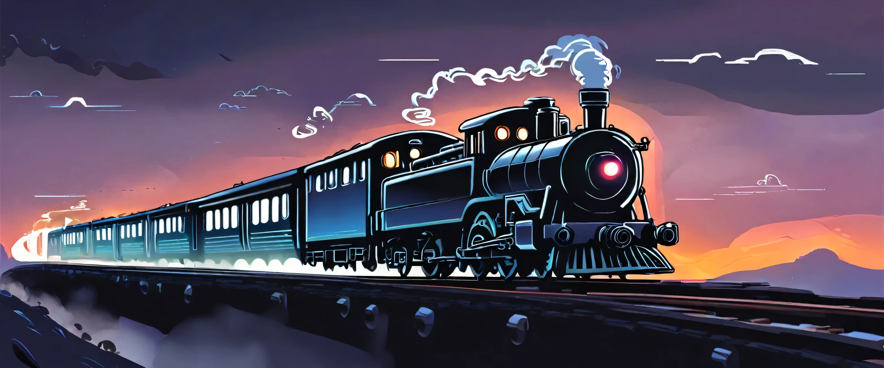 In this vector cartoon illustration style, we see a train moving through the misty dawn. The train is depicted as a steel serpent with its rhythmic heartbeat. The train's wheels are turning steadily, creating a soothing sound that echoes through the landscape. The rails sing a journey, as they guide the train towards its destination. The misty dawn adds to the dreamlike quality of the scene, making it feel like a magical and mystical experience. The illustration style is bold and clean, with vibrant colors and sharp lines that bring the image to life.