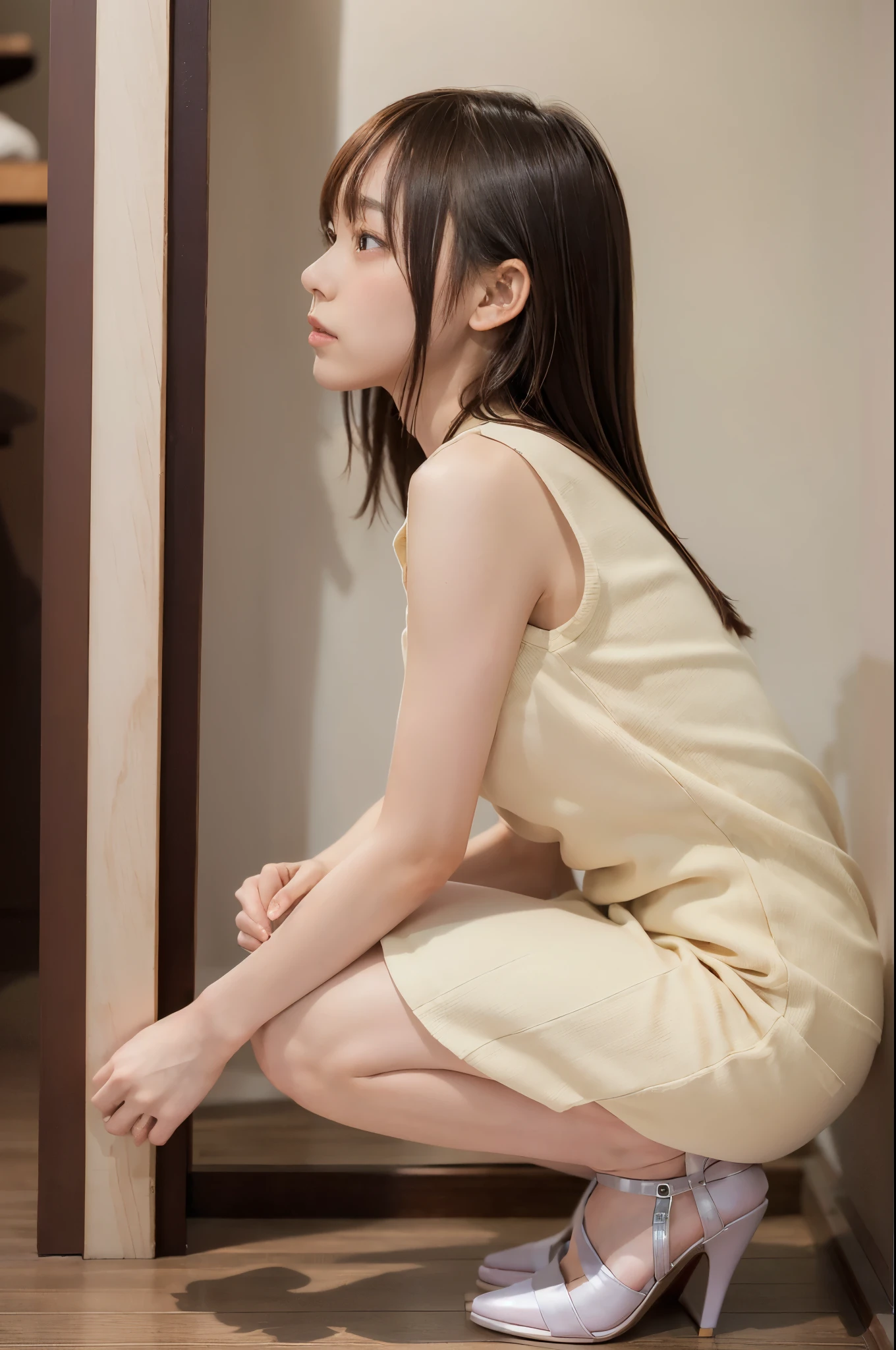 ((Full body:1.4,Hidden camera voyeur from the side:1.4,from a distance:1.4)),(Very beautiful Japanese skinny girl:1.4),A girl wearing a pure white Tight mini skirt dress,Pure white high heels,disproportionate breasts,huge Breasts,arms behind back,looking at another:1.4,Anxious expression,from below,realistic,best quality,ultra-detailed,high resolution