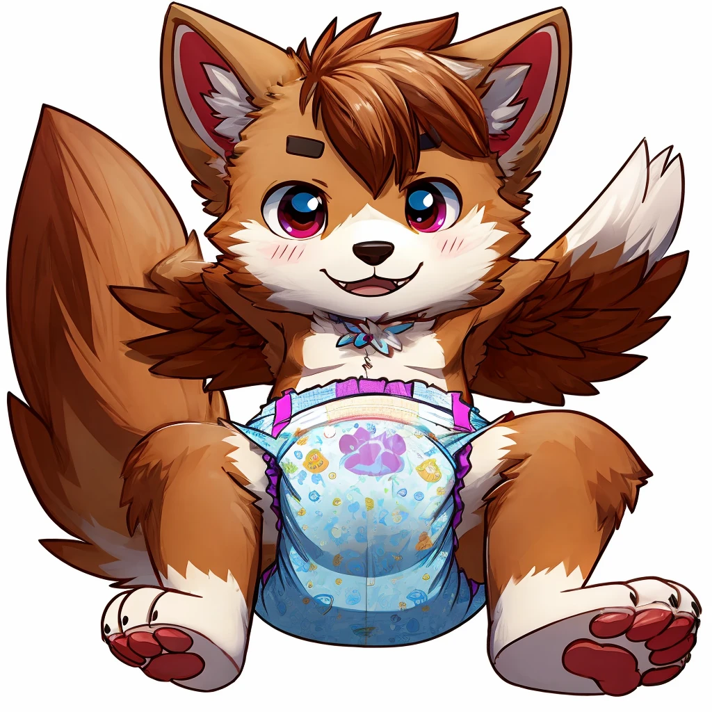 Anthropomorphic chibi male canine, fluffy tail, fullbody view, solo, digital art, different views, wearing a messy diaper, from behind, poopy diaper, full diaper, soiling diaper, white background