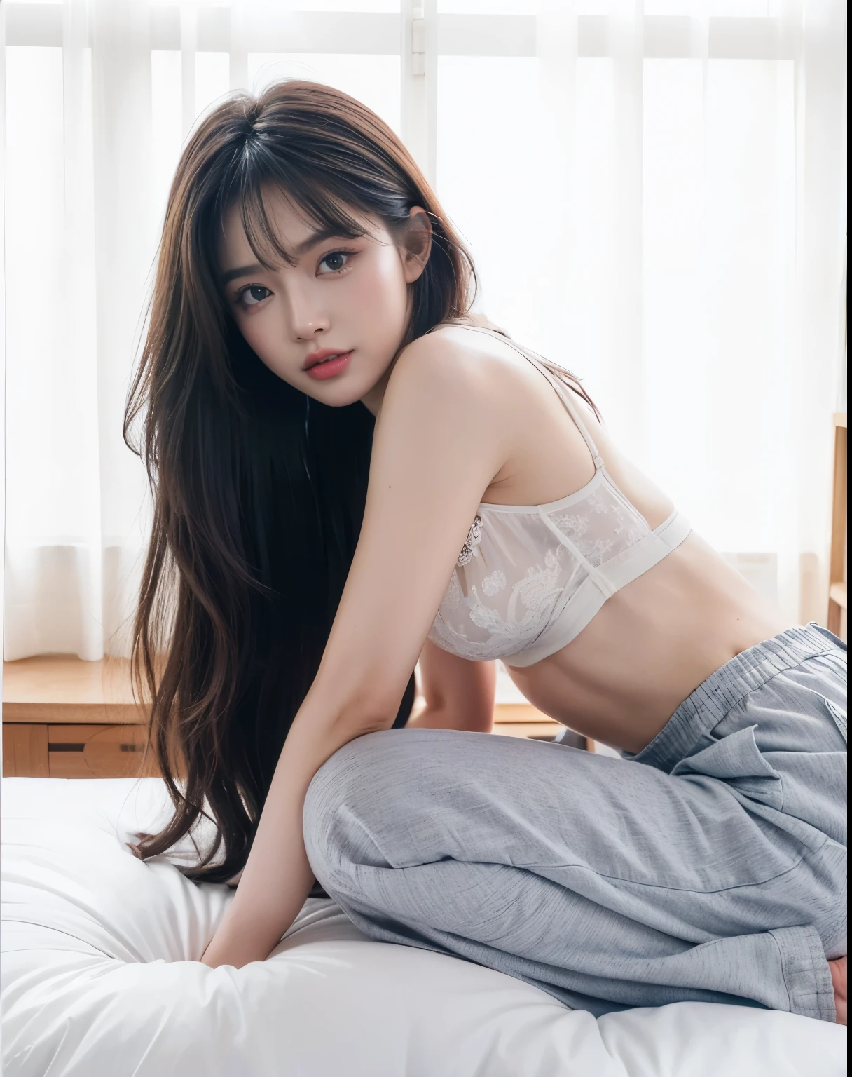 Urzan-6500-v1.1, (RAW Photos:1.2), (Realistic:1.4), Beautiful detailed girl, Very detailedな目と顔, Beautiful attention to detail, Online Camera,（Spread your legs:1.2）、((Highest quality、8k、masterpiece:1.3))、young woman, 18-year-old, Long purple hair, Browsing Caution:0.6、With bangs、Sleep habits、((printed lingerie))、(((Sleeping girl)))、Vibrant、((I can see your pants))、Bra is visible、((Underwear is disheveled))、(((lack of sleep)))、Correct number of limbs、((Delicate painting))，(女の子の詳細なRAW Photos), (Flying debris:1.25), (Highest quality:1.6), (Ultra-high resolution:1.5), (that&#39;Realistic:1.75), 8k解像度,:1.6),  Canon EOS R5, 50mm, Confused, Very detailed,Cinema Lighting、（Big Breasts:1.2）