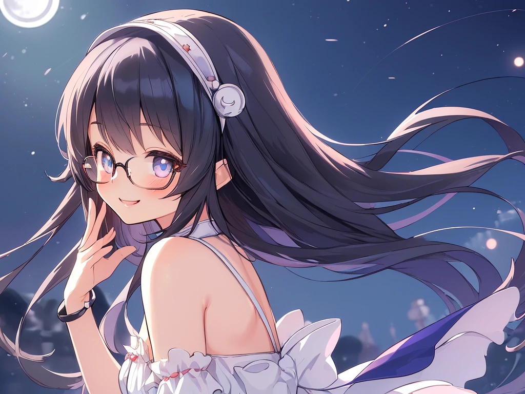 ((masterpiece)), ((best quality)), (ultra-detailed), ((kawaii)), cute, (lovely), illustration, anime style, 1girl, cute girl, solo, (from side:1.3), (midnight:1.4), (moonlight:1.5), (beautiful eyes), beautiful black hair, (long hair), (horseshoe-shaped hairband), slim, slender, glasses, medium breast, (seductive smile:1.3).