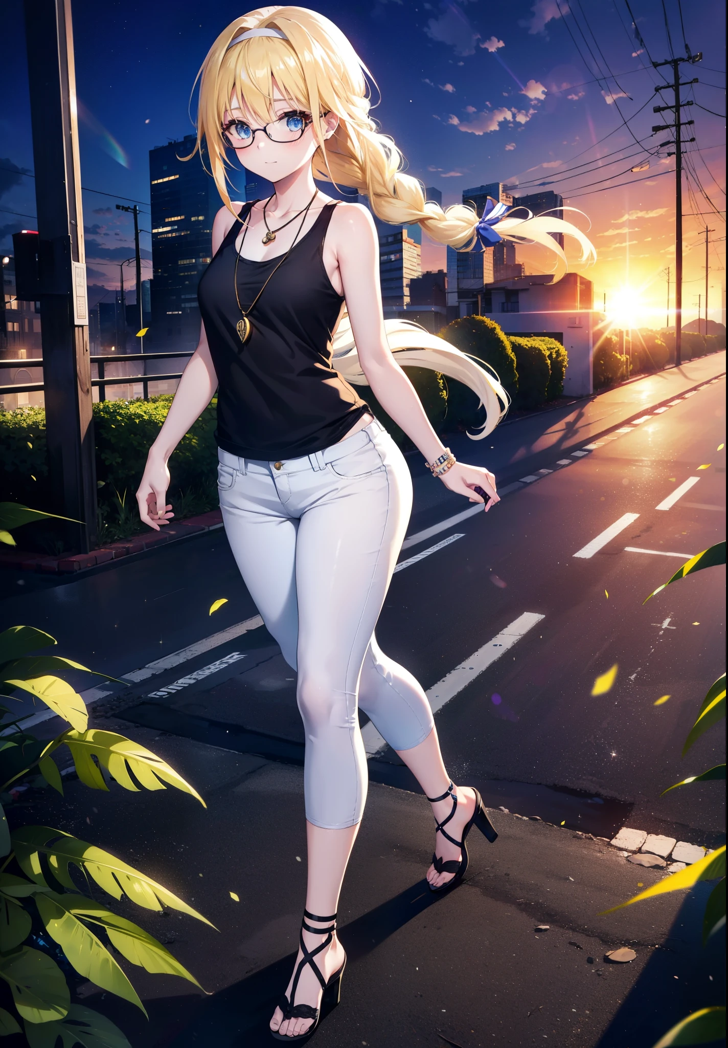 Alicesburg, Alice Zuberg, bangs, blue eyes, Blonde, Hair between the eyes, Very long braid, hair band, white hair band,Black-rimmed glasses,Yellow Tank Top,Locket Necklace,skinny pants,Stiletto heels,Walking,morning,morning陽,The sun is rising,whole bodyがイラストに入るように,smile,blush,
break outside, Residential Street,
break looking at viewer, whole body,
break (masterpiece:1.2), Highest quality, High resolution, unity 8k wallpaper, (figure:0.8), (Beautiful attention to detail:1.6), Highly detailed face, Perfect lighting, Highly detailed CG, (Perfect hands, Perfect Anatomy),
