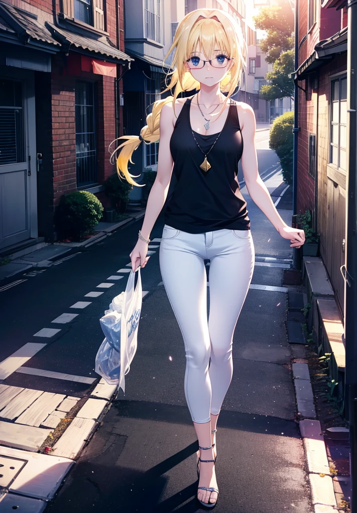 Alicesburg, Alice Zuberg, bangs, blue eyes, Blonde, Hair between the eyes, Very long braid, hair band, white hair band,Black-rimmed glasses,Yellow Tank Top,Locket Necklace,skinny pants,Stiletto heels,Walking,morning,morning陽,The sun is rising,whole bodyがイラストに入るように,smile,blush,
break outside, Residential Street,
break looking at viewer, whole body,
break (masterpiece:1.2), Highest quality, High resolution, unity 8k wallpaper, (figure:0.8), (Beautiful attention to detail:1.6), Highly detailed face, Perfect lighting, Highly detailed CG, (Perfect hands, Perfect Anatomy),