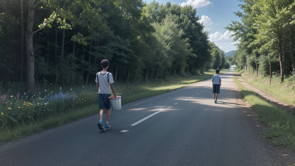 /imagine A young man carrying two buckets on a rural road. One of the buckets is perfect, while the other has a small hole, with water dripping from it. The young man has an expression of determination, walking under a clear blue sky, with trees and flowers along the road. The scene conveys a feeling of perseverance and learning from life&#39;s small imperfections..
