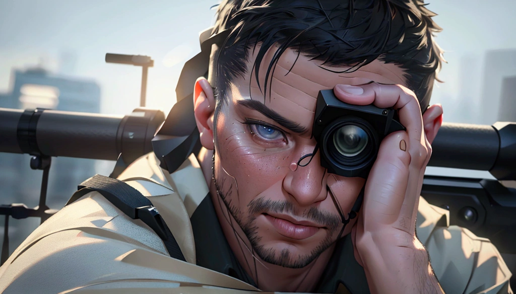 1boy, middle aged Ukrainian Sniper, he holds sniper rifle, prone, from side, wide shot, outdoor, looking in scope, cinematic angle, realistic, hyper-realistic, photorealistic, (best quality,4k,8k,highres,masterpiece:1.2),ultra-detailed,(realistic,photorealistic,photo-realistic:1.37),vivid colors,dramatic lighting,