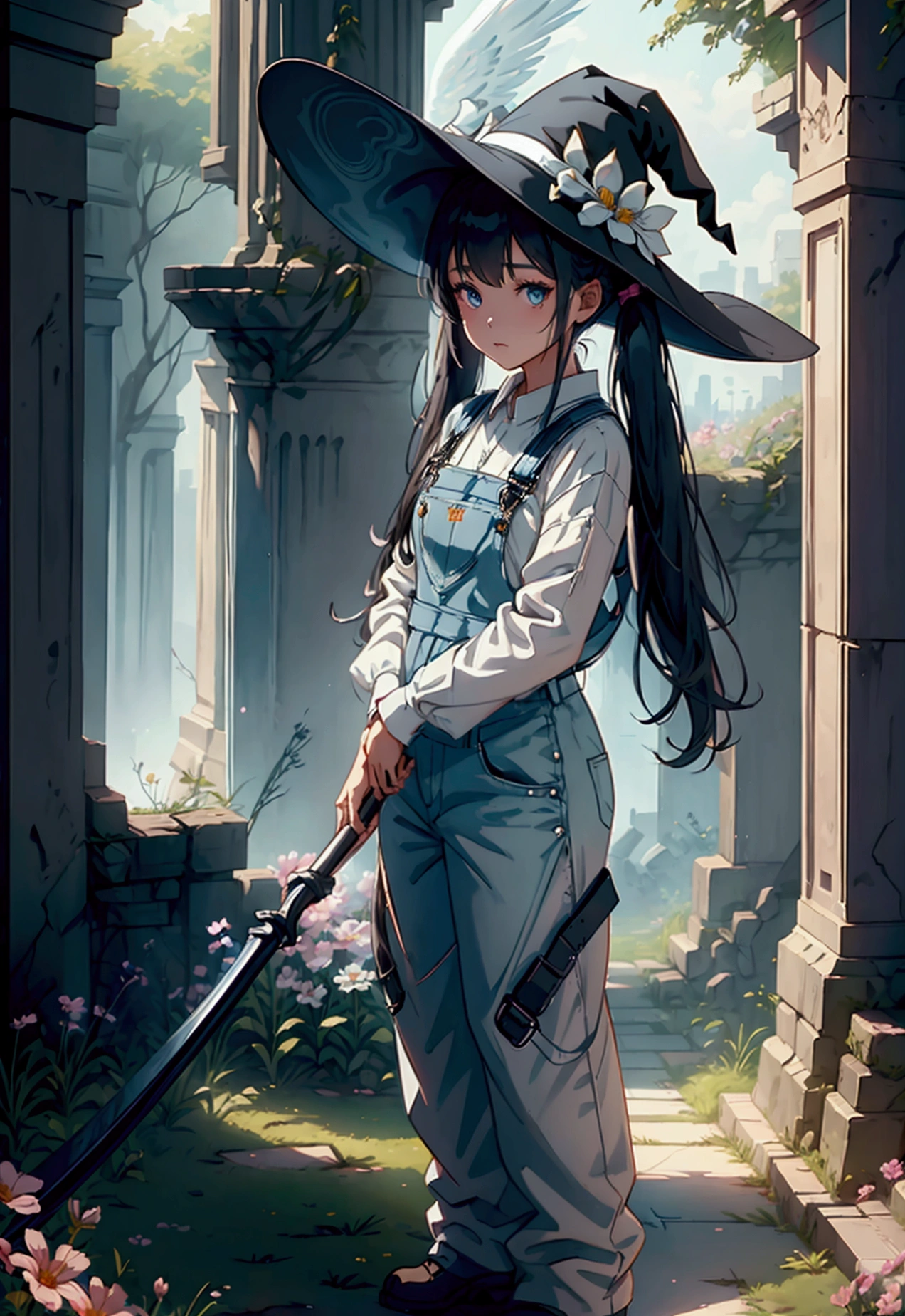 a girl with twin tails wearing a white shirt, overalls, with angel wings and a witch hat, holding a sci-fi scythe, standing in ancient ruins surrounded by flowers, intricate details, cinematic lighting, fantasy, anime style, 8k, high quality