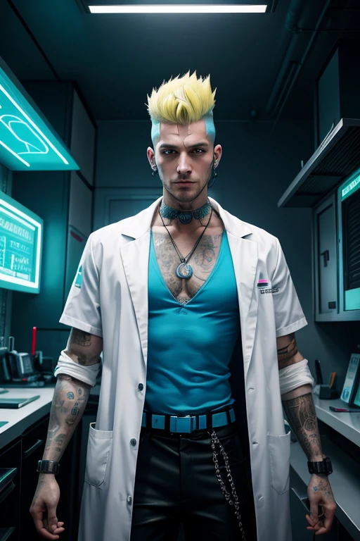 silly man in late twenties, tattoos on face, cyberpunk, futuristic cyberpunk clinic in background, man is wearing a brightly colored neon blue clothing, very tall blonde mohawk, wearing a white doctor's lab coat