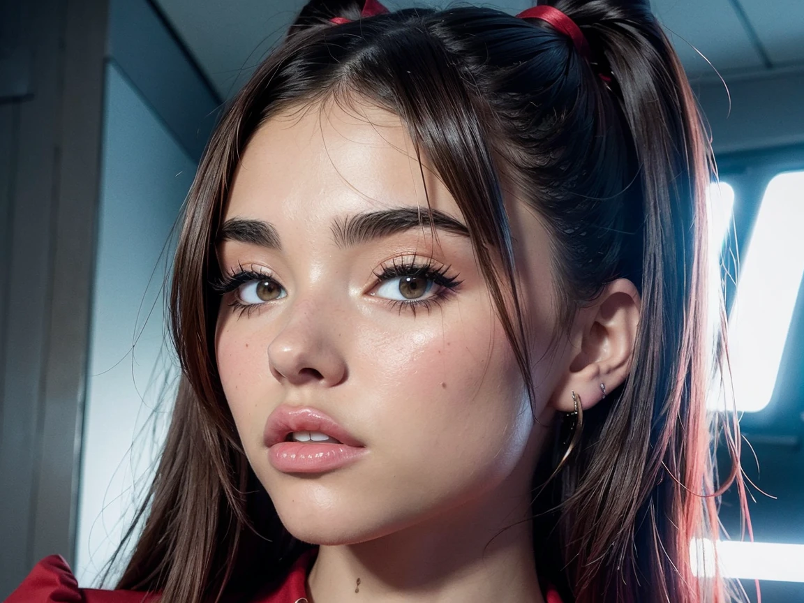 a close up of (1girl, solo, realistic) madisonbeer-smf in a red dress, (tipo de cuerpo pequeño:1.1), (petite body), multiple angles, charli xcx, ava max, bella poarch, she looks like a mix of grimes, charli bowater, sexy look, billie eilish, madison beer as leeloo, portrait of kim petras, 18 years old, the super hot and sexy, looks a blend of grimes
