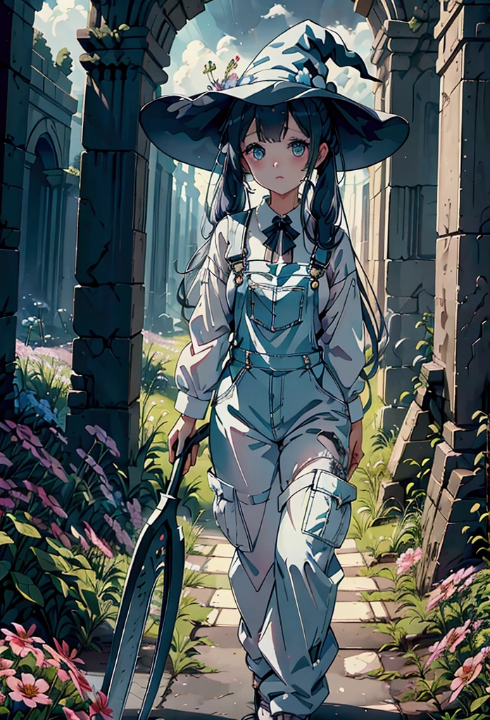 a girl with twin tails wearing a white shirt, overalls, with angel wings and a witch hat, holding a sci-fi scythe, standing in ancient ruins surrounded by flowers, intricate details, cinematic lighting, fantasy, anime style, 8k, high quality