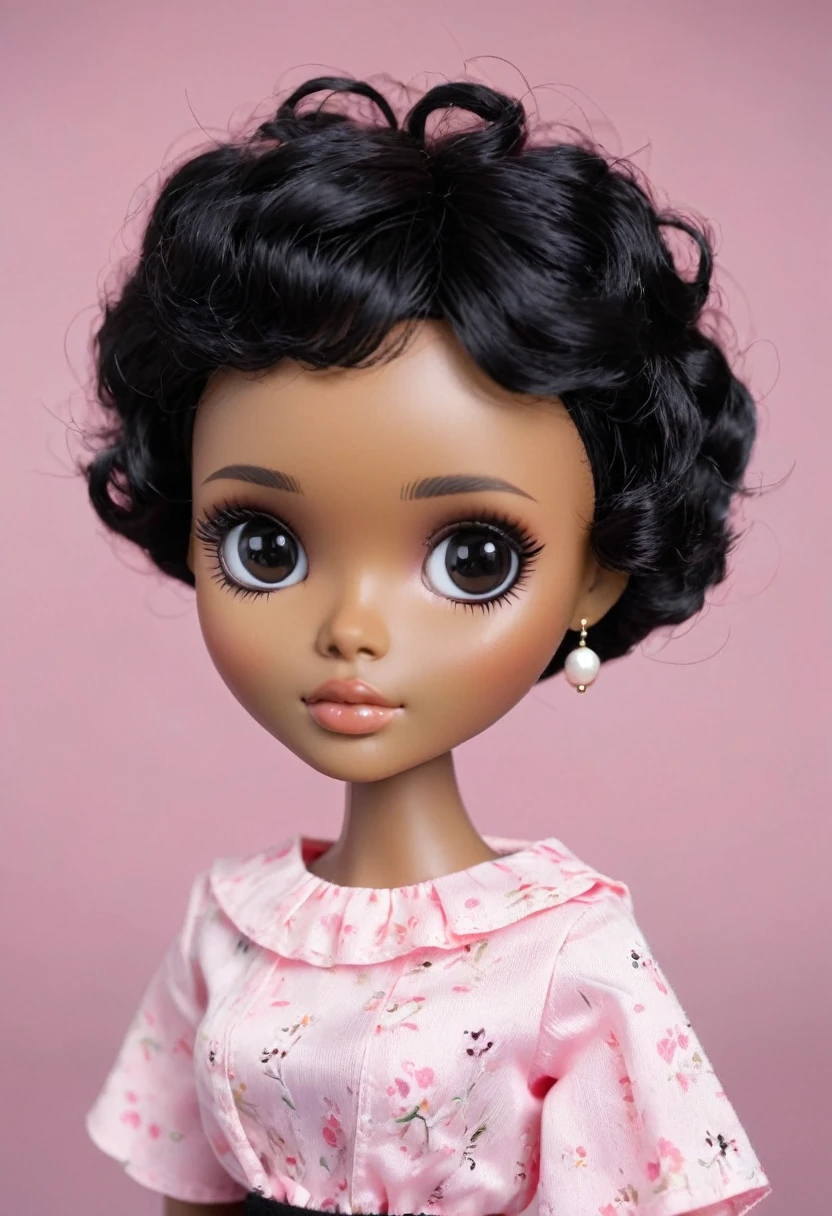 You create a Blythe Doll with a serene face, medium-light and slightly dark black skin, short curly black pixie cut hair, black eyes and slightly pink cheeks 