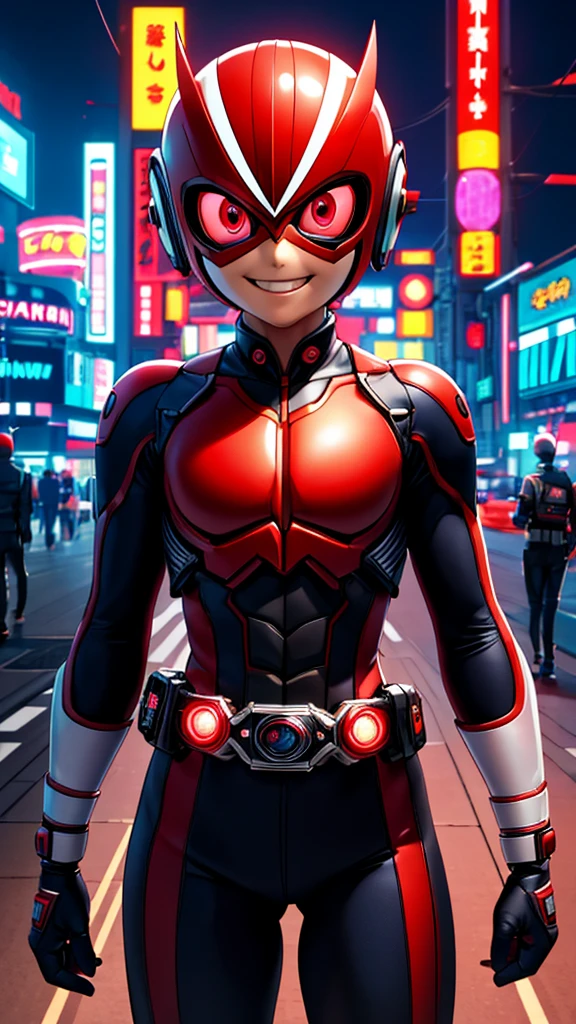 (8k),(masterpiece),(Japanese),(8--old l),((innocent look)),((Childish)),From the front,smile,cute,Innocent,Kind eyes,Flat chest,red helmet,red domino mask,Anna, bald,no Hair,Strong wind,night,dark, Neon light cyberpunk city,Kamen_Rider,camisa