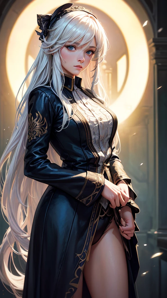 hyperrealistic female character art by david hockney and alphonse mucha, fantasy art, realistic art, dynamic lighting, artstation, volumetric lighting, very detailed faces, 8 k,full HD, award-winning,, 1girl, in the dark, deep shadow, discreet, cowboy shot, (official outfit: 1.4), long hair, white hair, hair with black lights