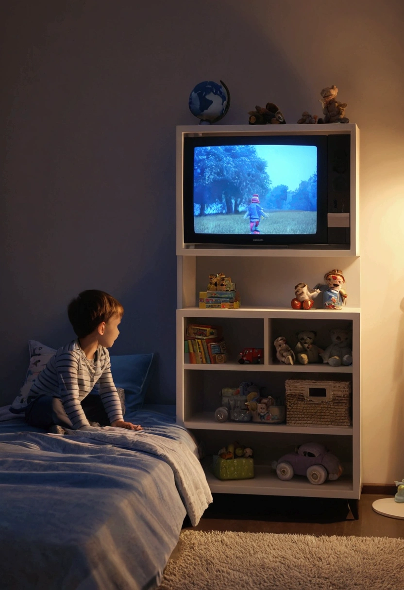 chambre d'enfant avec des objet partout une tv allumé jeux video lit mal fait grande fenetre donnant sur la campagne de nuit  style ultra realiste 