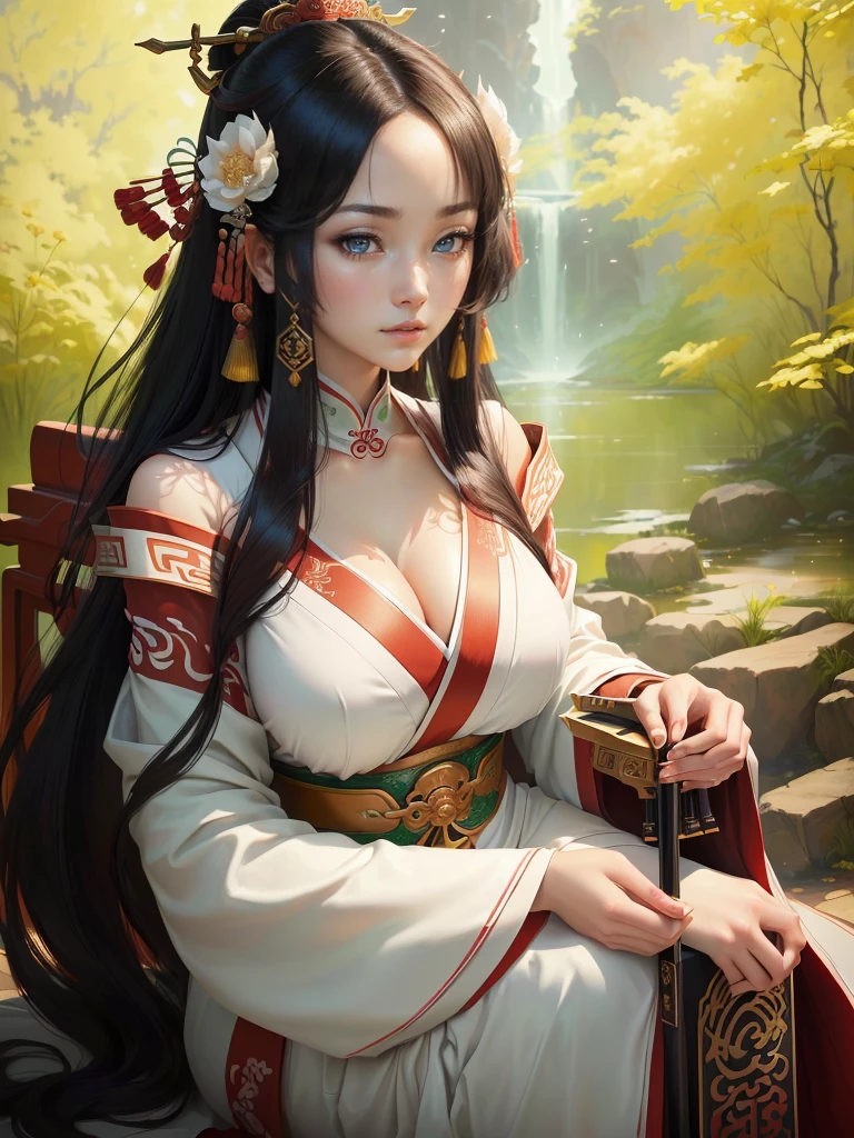 A woman in a white dress holding red and green syamisen, Beautiful character drawings, Japanese Goddess, Beautiful and attractive anime woman, Gweiz-style artwork, Beautiful Anime Woman, Beautiful Fantasy Empress, Inspired by Wu Zuoren, Inspired by Sukenori Nishikawa, Inspired by Du Qiong, Ancient Chinese Beauties, Highly detailed CG unit 8k wallpaper, masterpiece, High resolution, highest quality, highest quality real texture skin, Super Real, Digital Painting, Best image quality, 最High resolution, 8k, ((Highly detailed eyes and face, Beautiful eyes every detail)),