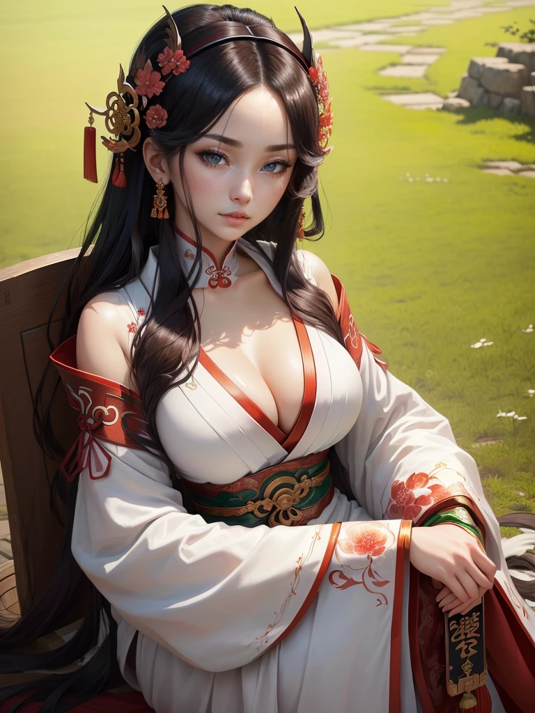 A woman in a white dress holding red and green syamisen, Beautiful character drawings, Japanese Goddess, Beautiful and attractive anime woman, Gweiz-style artwork, Beautiful Anime Woman, Beautiful Fantasy Empress, Inspired by Wu Zuoren, Inspired by Sukenori Nishikawa, Inspired by Du Qiong, Ancient Chinese Beauties, Highly detailed CG unit 8k wallpaper, masterpiece, High resolution, highest quality, highest quality real texture skin, Super Real, Digital Painting, Best image quality, 最High resolution, 8k, ((Highly detailed eyes and face, Beautiful eyes every detail)),