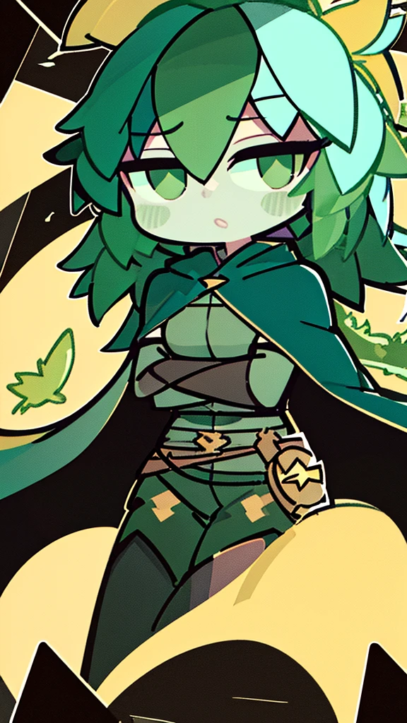 ult
18:16:49
green hair, green sclera, green eyes, colored skin, green skin, domino mask, cape, hood black jacket, brown pants leaf, crossed arms, blushing, chibi