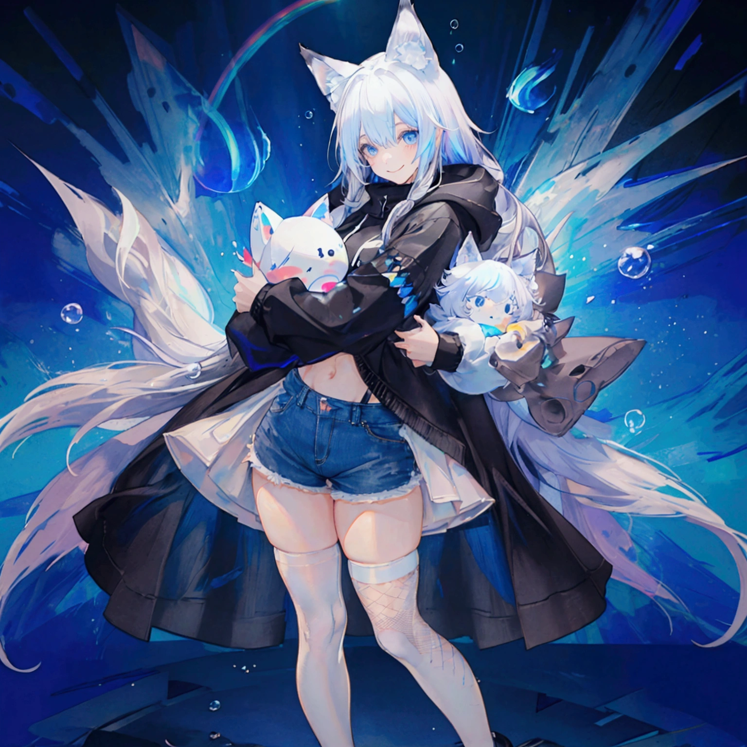 a cute adult male with wolf ears, long white hair, long locks, has a wolf tail, wearing a loose cropped black hoodie, wearing a pair of denim short shorts and fishnet stockings, thick thighs, wide hips, short, showing slender tummy, heart on hoodie, squishy thighs, has glowing blue eyes. alone, solo (ALONE)(SOLO), surrounded by rainbows, colorful galaxy backround, smiling, ontop of a pile of fluffy plushes, plushies everywhere, kawaii plushies, surrounded by bubbles, surrounded by rainbow leaves, standing up dancing, thicc thighs, has giant ears