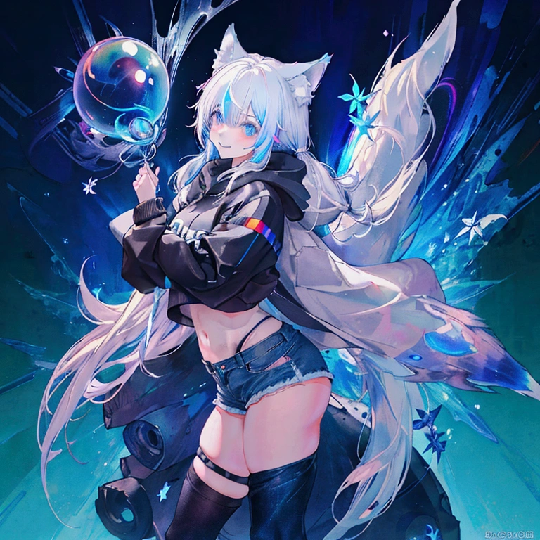 a cute adult male with wolf ears, long white hair, long locks, has a wolf tail, wearing a loose cropped black hoodie, wearing a pair of denim short shorts and fishnet stockings, thick thighs, wide hips, short, showing slender tummy, heart on hoodie, squishy thighs, has glowing blue eyes. alone, solo (ALONE)(SOLO), surrounded by rainbows, colorful galaxy backround, smiling, ontop of a pile of fluffy plushes, plushies everywhere, kawaii plushies, surrounded by bubbles, surrounded by rainbow leaves, standing up dancing, thicc thighs, has giant ears