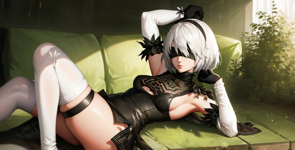 Nier automata, 2b, eyes covered, showing armpits and pussy,half naked, forest backgroud.