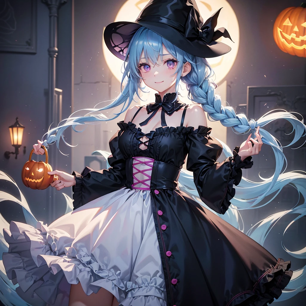 (Light blue medium hair),(Braided hair tied together)、Pink eyes、Fair skin、cowboy shot、Halloween、The background is a pumpkin ghost、Trick or Treat、A lot of sweets、Black cat、Wizard、Candy、Cosplay、A surprising smile、A dignified figure、solo、(masterpiece、Highest quality、Very detailed、Best Shadow)、(Detailed Background)、(Beautifully detailed face)、High contrast、(Best lighting、Very delicate and beautiful)、(Cinematic Light)、colorful、Hyper Detail、Dramatic Light、Exquisite detail、