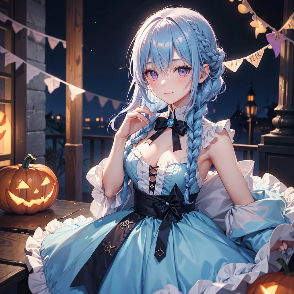 (Light blue medium hair),(Braided hair tied together)、Pink eyes、Fair skin、cowboy shot、Halloween、The background is a pumpkin ghost、Trick or Treat、A lot of sweets、Black cat、Wizard、Candy、Cosplay、A surprising smile、A dignified figure、solo、(masterpiece、Highest quality、Very detailed、Best Shadow)、(Detailed Background)、(Beautifully detailed face)、High contrast、(Best lighting、Very delicate and beautiful)、(Cinematic Light)、colorful、Hyper Detail、Dramatic Light、Exquisite detail、