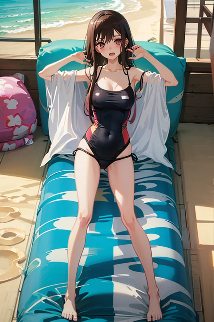 Random patterned swimsuit、Random Swimsuit、Swimsuits in random colors、Random pose、、Acme Face、Random pose、, Pale red eyes、Semi-long hair、Chestnut Hair、Sandy Beach、、、nsfw、Highest quality、1 girl、solo、Ocean、Sexy pose、Random pose、Blushing、wet、Embarrassed、I can see half of my 、、One Piece Swimwear、(Strap slip:1.3)、Swimsuits in random colors、Swimwear