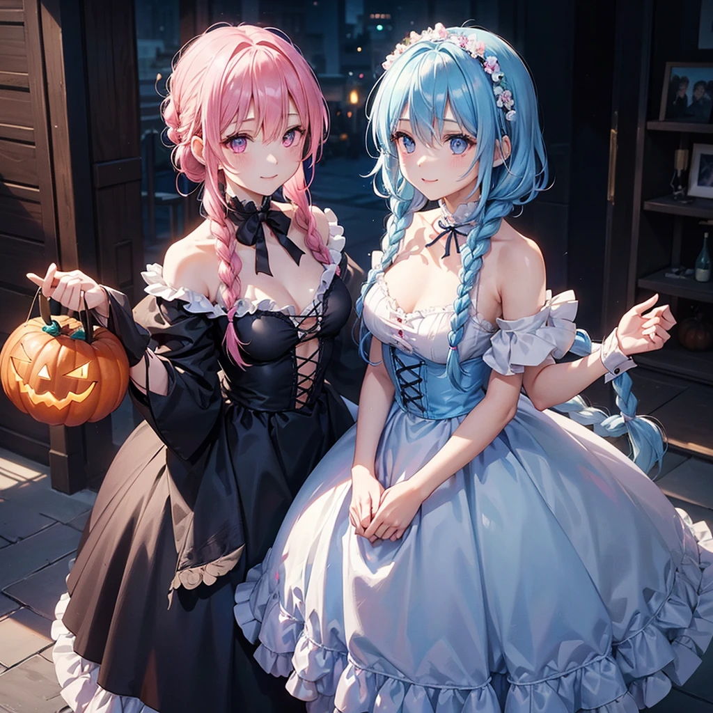 (Light blue medium hair),(Braided hair tied together)、Pink eyes、Fair skin、cowboy shot、Halloween、The background is a pumpkin ghost、Trick or Treat、A lot of sweets、Black cat、Wizard、Candy、Cosplay、A surprising smile、A dignified figure、solo、(masterpiece、Highest quality、Very detailed、Best Shadow)、(Detailed Background)、(Beautifully detailed face)、High contrast、(Best lighting、Very delicate and beautiful)、(Cinematic Light)、colorful、Hyper Detail、Dramatic Light、Exquisite detail、