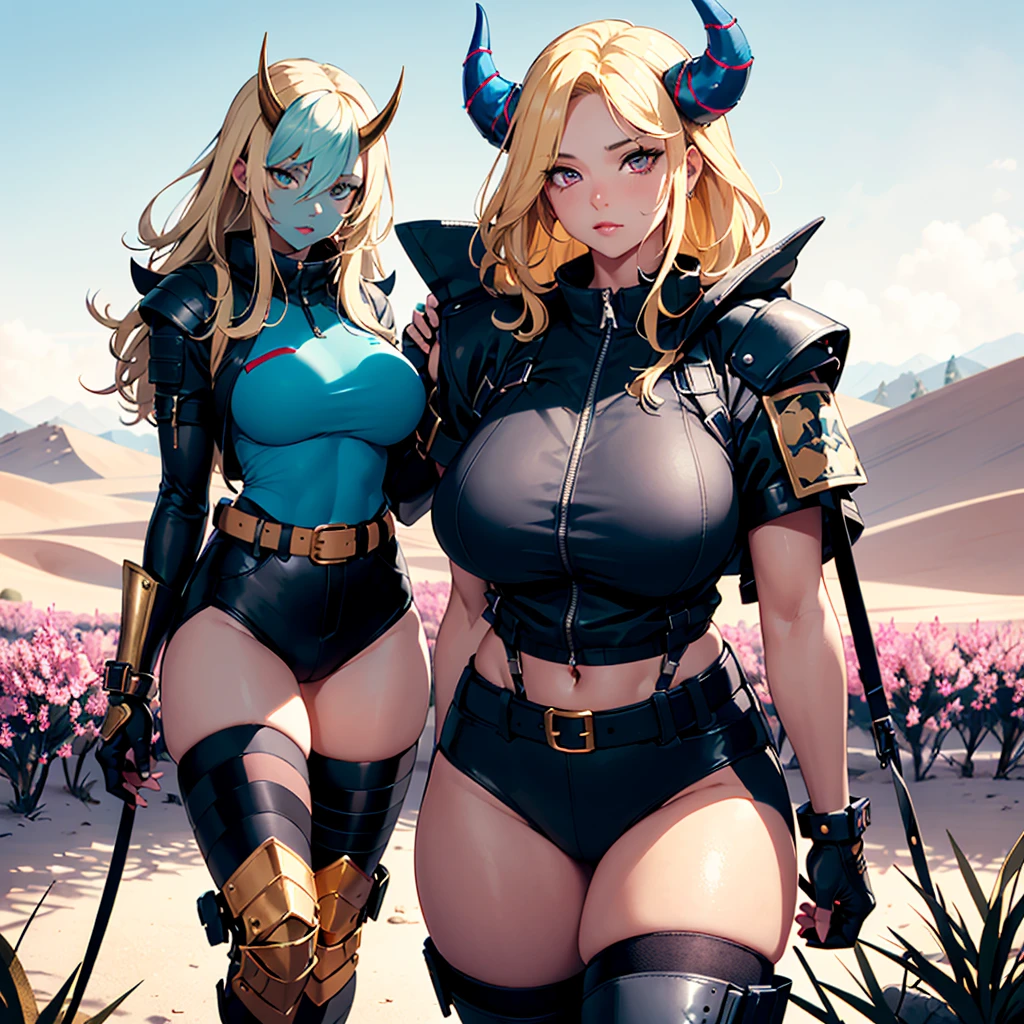 ((best quality)), ((masterpiece)), (detailed), 1girl, 8k_wallpaper, extremely detailed eyes, extremely detailed body, beautiful face, perfect face, detailed ((blonde hair)), (gold eyes), ((large big red and blue horns)), {{dark skin}}, ({dark skinned female}), gigantic breasts, thick thighs, strong arm and leg muscles, strong abdominal muscles, Monster women, Korean women, wearing a modern short black cloth jacket with rolled up sleeves, (wearing heavy gold colored steel cyberpunk armor), a wide red leather belt with blue steel yarn, steel boots, steel thigh guards, a military radio hangs on her belt, a biker girl, she rides on another planet along a lilac field against the backdrop of a blue desert and high red mountains,