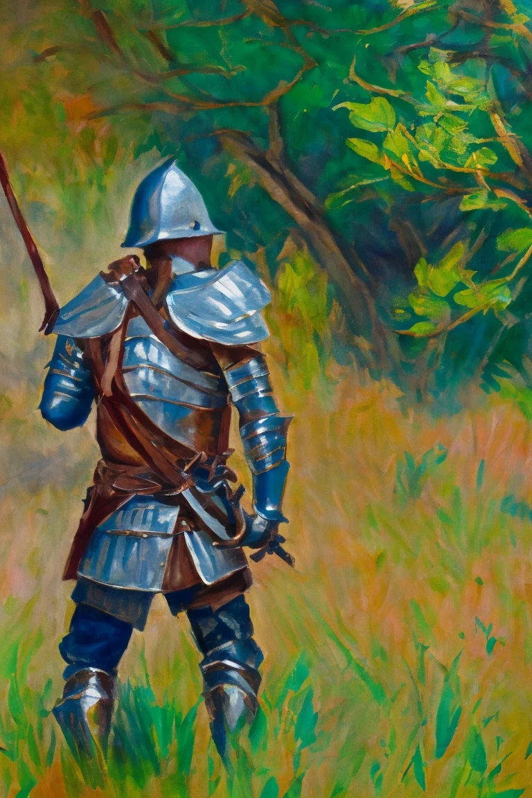 painting of a knight holding a sword, in the style of subdued color palette, high detail, character studies, 8k, utilitarian, fawncore, dark gold and green --ar 73:125 --stylize 750 --v 6