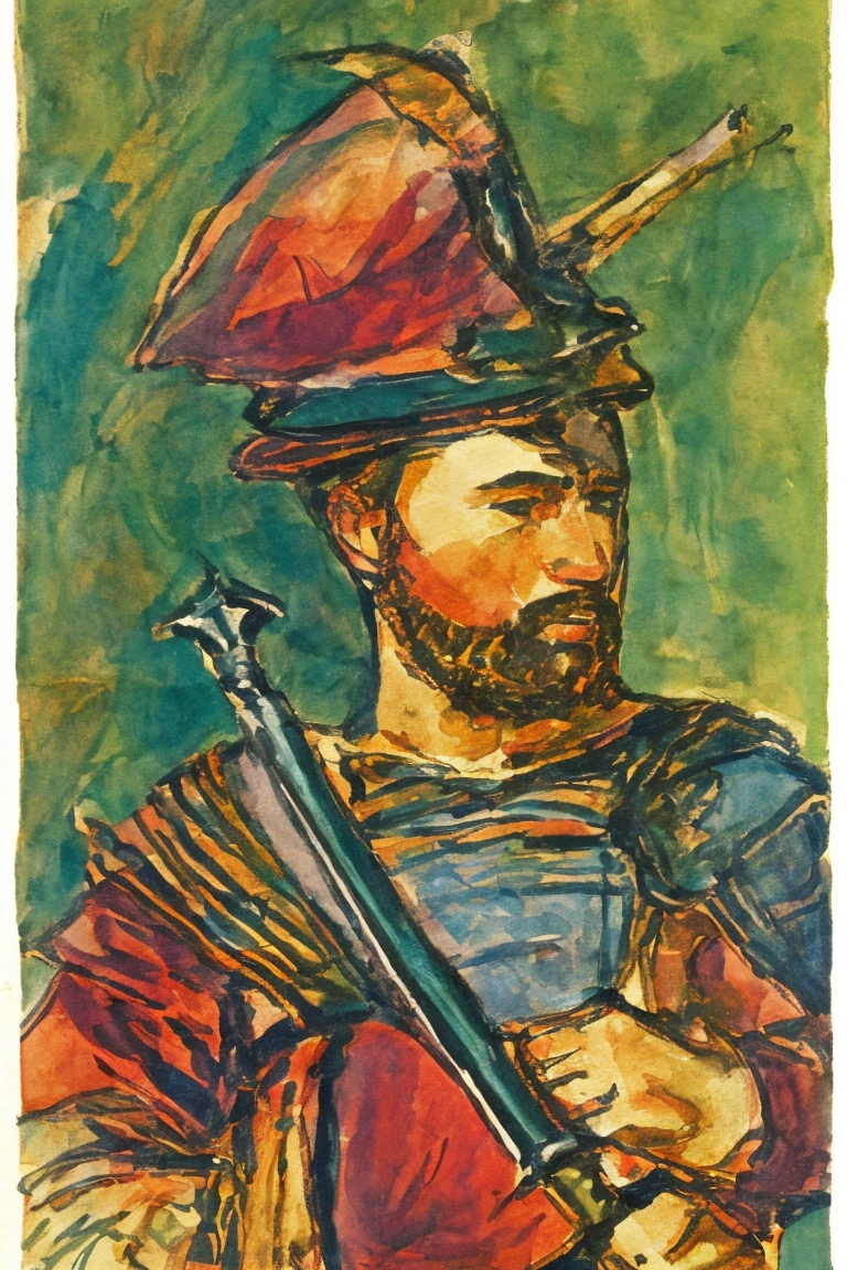 painting of a knight holding a sword, in the style of subdued color palette, high detail, character studies, 8k, utilitarian, fawncore, dark gold and green --ar 73:125 --stylize 750 --v 6