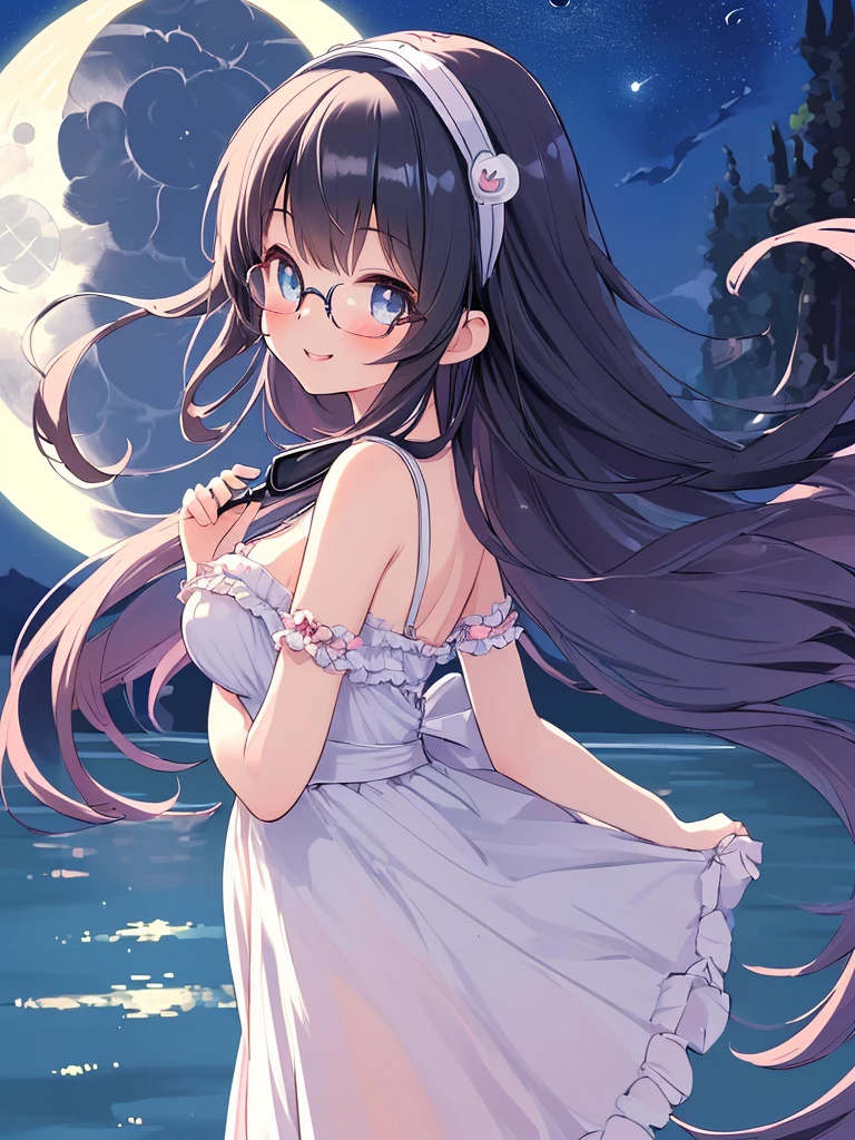 ((masterpiece)), ((best quality)), (ultra-detailed), ((kawaii)), cute, (lovely), illustration, anime style, 1girl, cute girl, solo, (from side:1.3), (midnight:1.4), (moonlight:1.5), (beautiful eyes), beautiful black hair, (long hair), (horseshoe-shaped hairband), slim, slender, glasses, medium breast, (seductive smile:1.3).