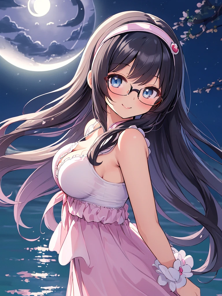 ((masterpiece)), ((best quality)), (ultra-detailed), ((kawaii)), cute, (lovely), illustration, anime style, 1girl, cute girl, solo, (from side:1.3), (midnight:1.4), (moonlight:1.5), (beautiful eyes), beautiful black hair, (long hair), (horseshoe-shaped hairband), slim, slender, glasses, medium breast, (seductive smile:1.3).