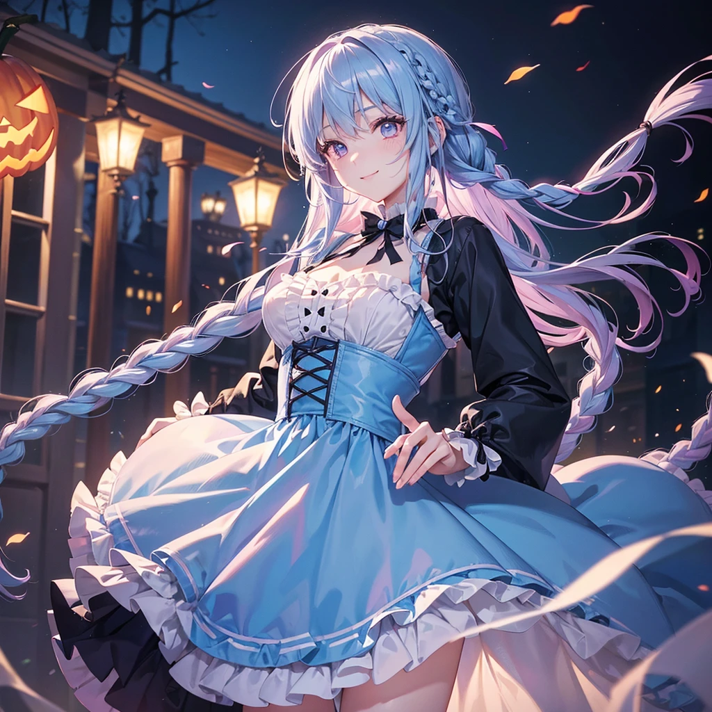 (Light blue medium hair),(Braided hair tied together)、Pink eyes、Fair skin、cowboy shot、Halloween、The background is a pumpkin ghost、Trick or Treat、A lot of sweets、Black cat、Wizard、Candy、Cosplay、A surprising smile、A dignified figure、solo、(masterpiece、Highest quality、Very detailed、Best Shadow)、(Detailed Background)、(Beautifully detailed face)、High contrast、(Best lighting、Very delicate and beautiful)、(Cinematic Light)、colorful、Hyper Detail、Dramatic Light、Exquisite detail、