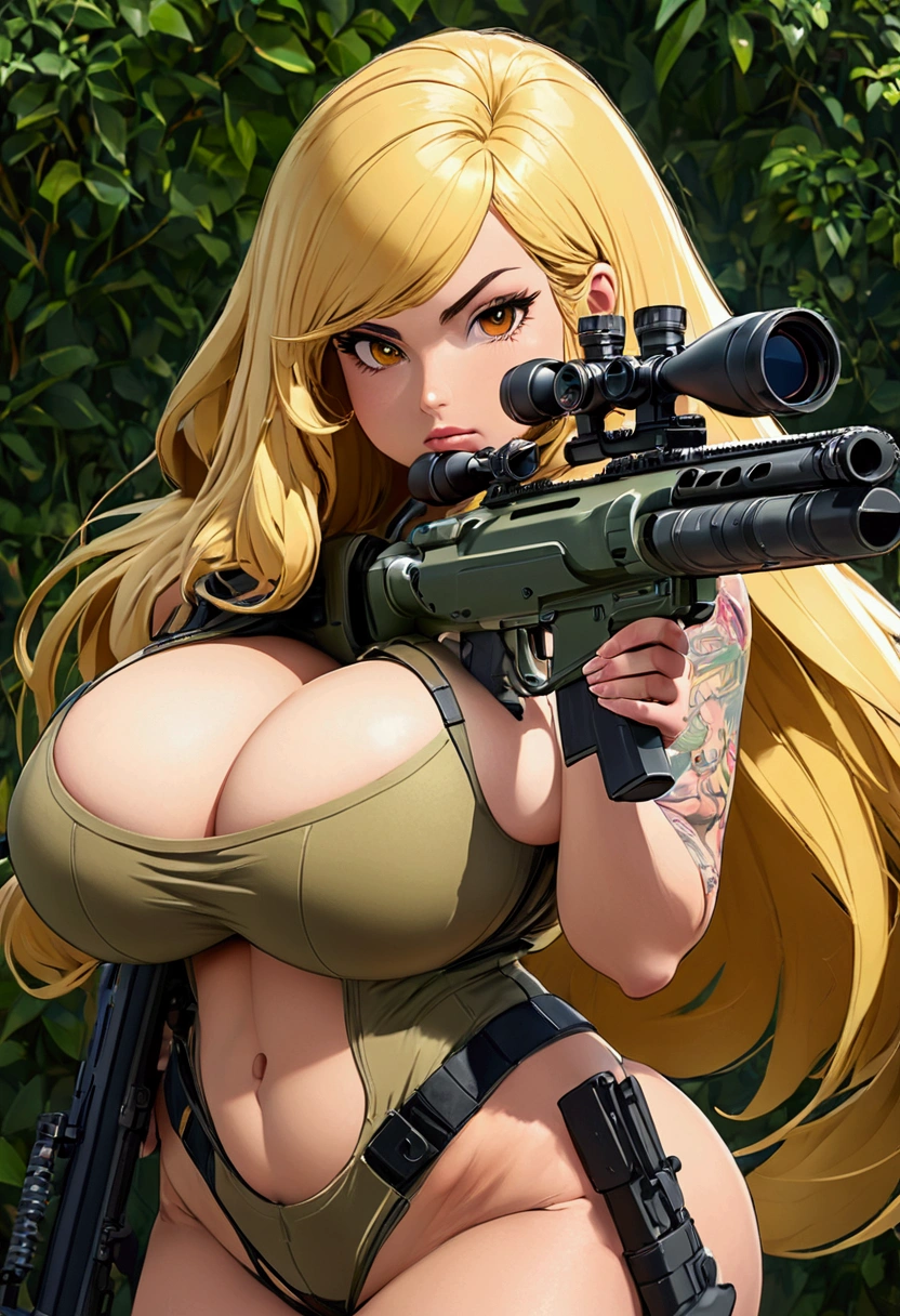 busty sniper holding a sniper rifle, gigantic breasts, giga_busty