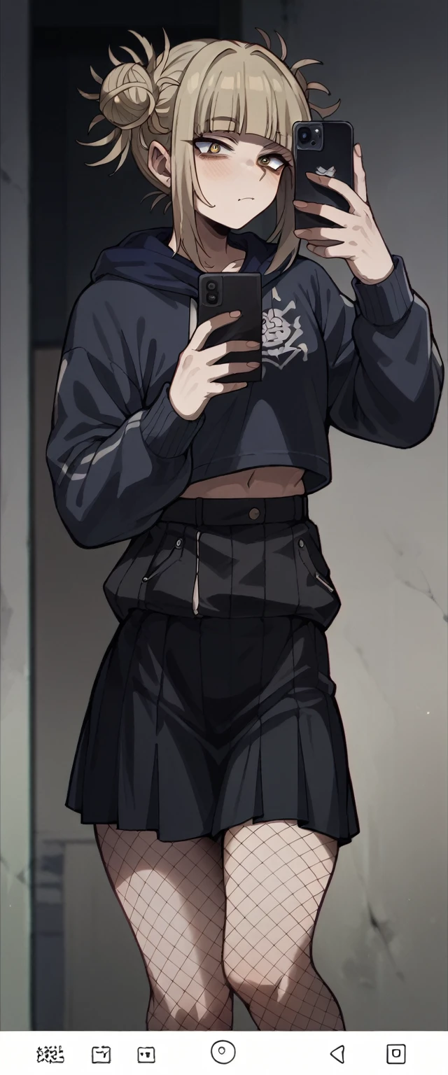 Himiko toga taking a selfie in a black sweatshirt, fishnet stockings and black skirt (whole body) (without cell phone in hand) (🖕🚬)