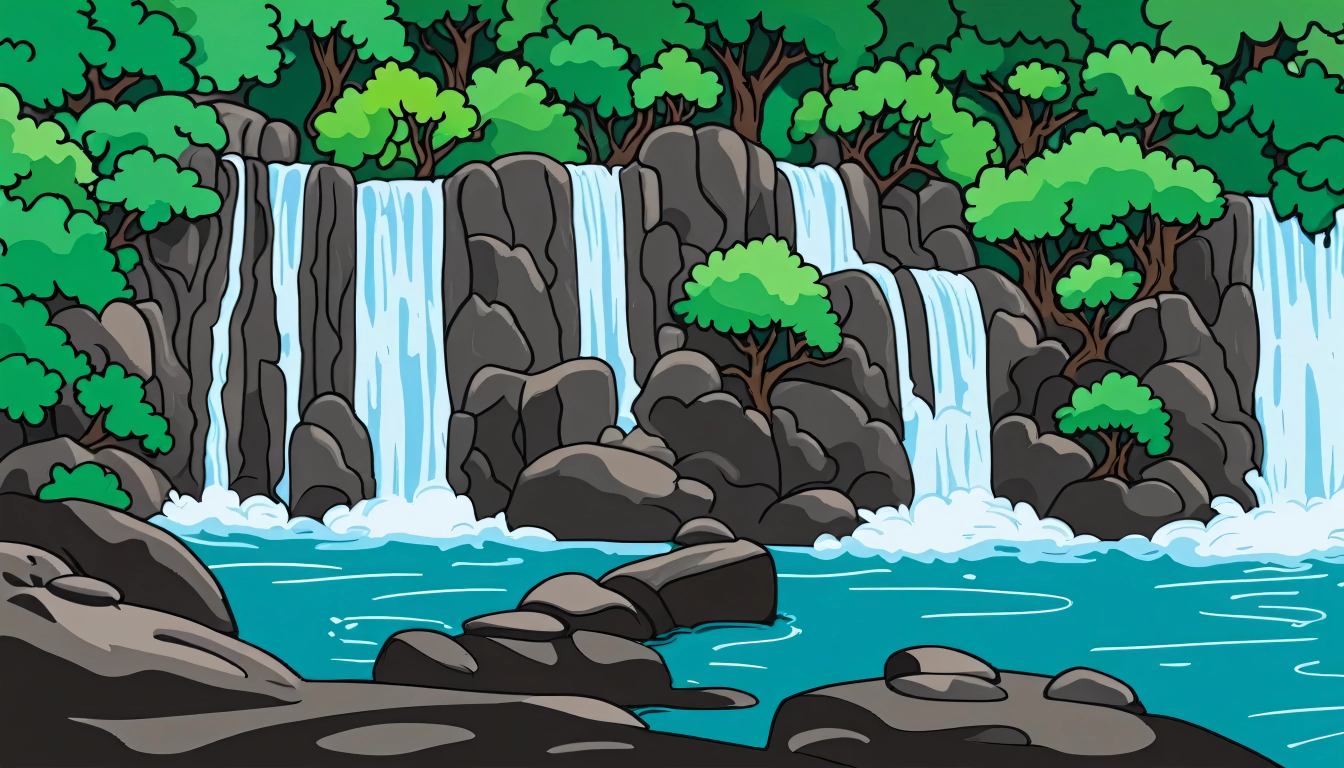 /Imagine Prompt: Waterfall illustration for banner on white background, bold outline style, irregular, Trashcore, light shading