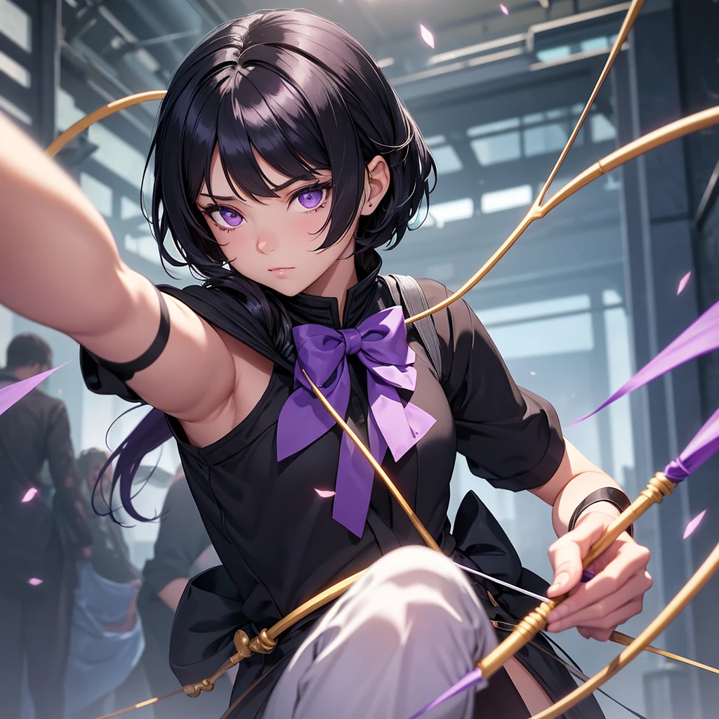 a girl with short jetblack hair and purple eyes like amethyst, she is an Archer and an Alchemist in a magical world she is , don't make her look sexy , and fucos more on her facial features.
she have white skin and also a cute face . The position is she Reeling the bow.