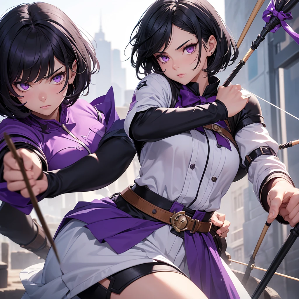 a girl with short jetblack hair and purple eyes like amethyst, she is an Archer and an Alchemist in a magical world she is 16 years old, don't make her look sexy , and fucos more on her facial features.
she have white skin and also a cute face . The position is she Reeling the bow.