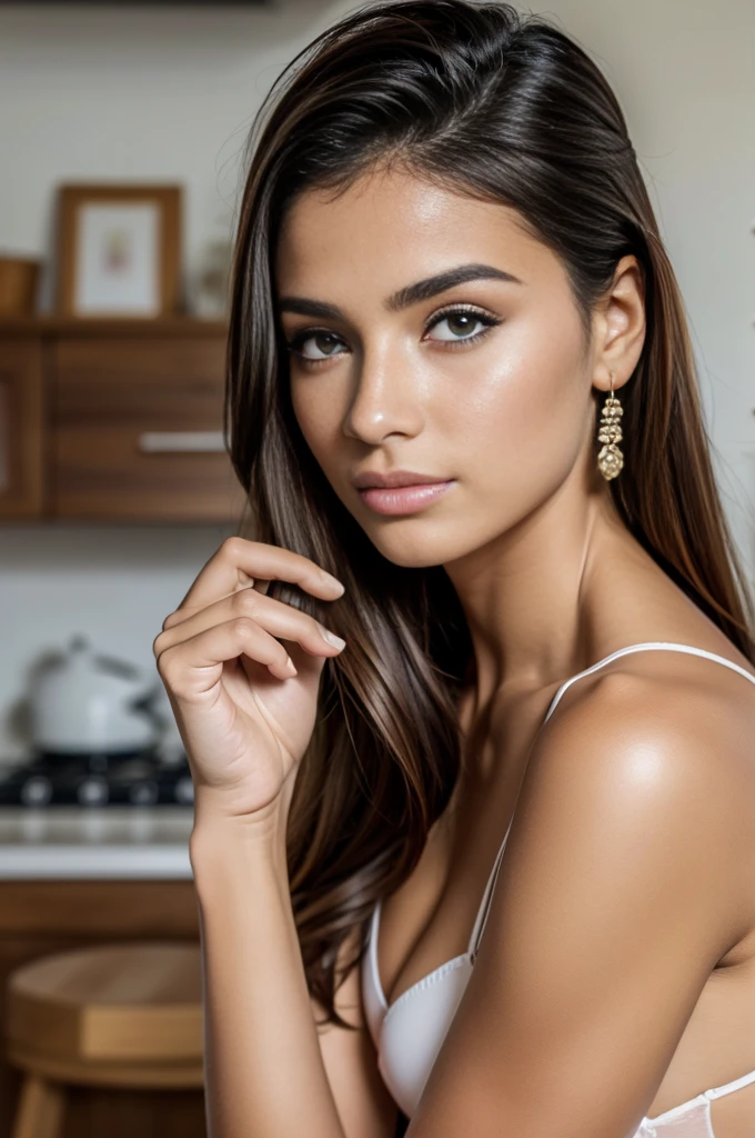 Brazilian girl light hair doing makeup with robe realistic image
