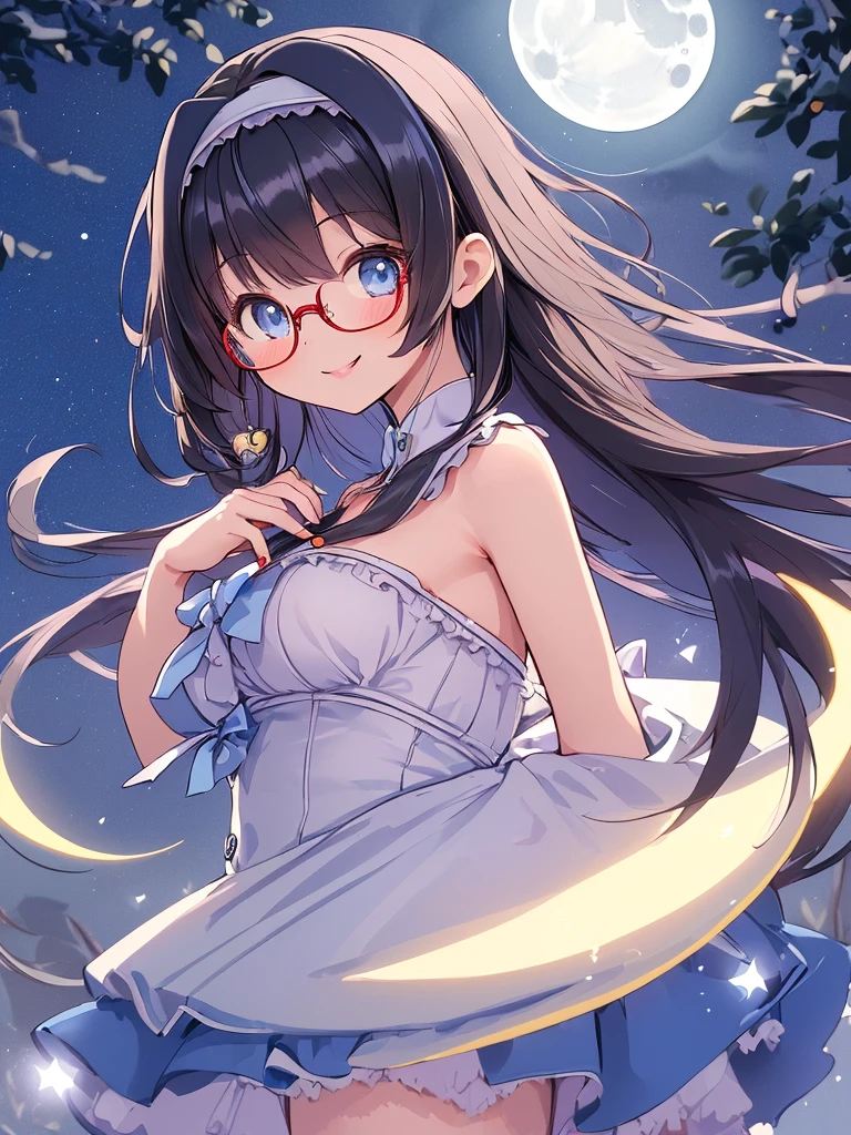 ((masterpiece)), ((best quality)), (ultra-detailed), ((kawaii)), cute, (lovely), illustration, anime style, 1girl, cute girl, solo, (from side:1.3), (midnight:1.4), (moonlight:1.5), (beautiful eyes), beautiful black hair, (long hair), (horseshoe-shaped hairband), slim, slender, glasses, medium breast, (seductive smile:1.3).